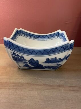 Vintage Hand Painted Blue and White Porcelain Square Bowl 5” Wide